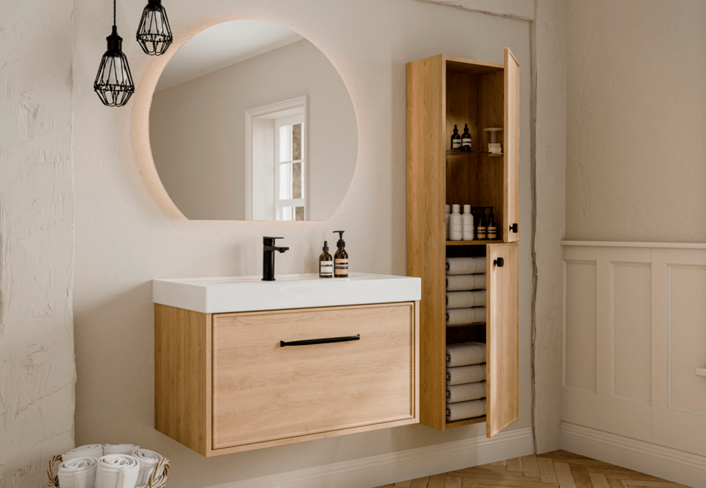 Cotswold vanity unit in Sandy Oak with countertop basin and tap