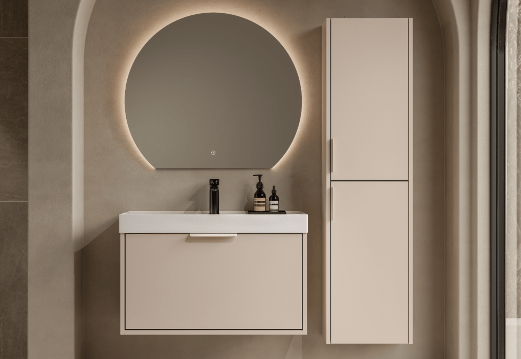 Dakota bathroom furniture range in Cashmere with illuminated mirror